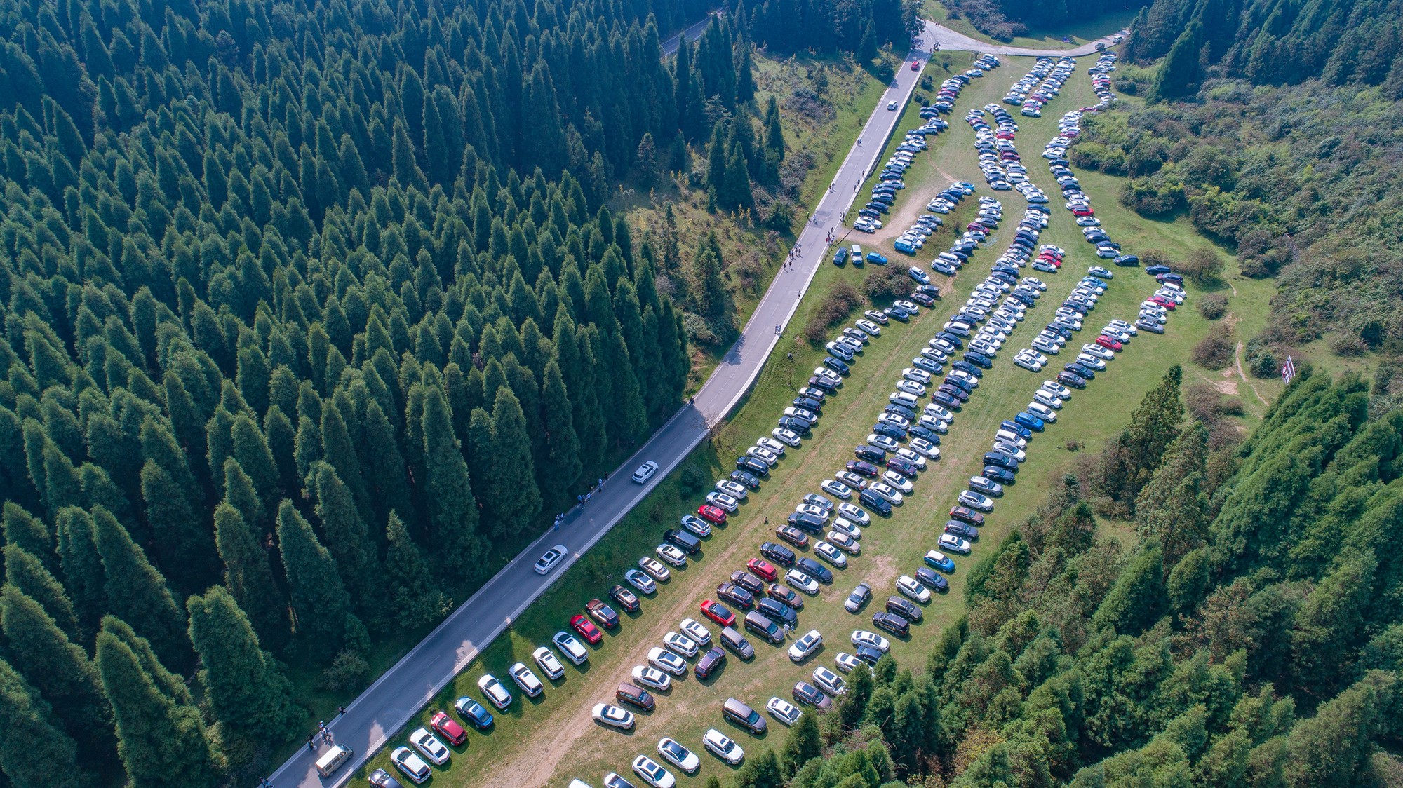 仙女山臨時(shí)停車場(chǎng)自駕車輛停放有序